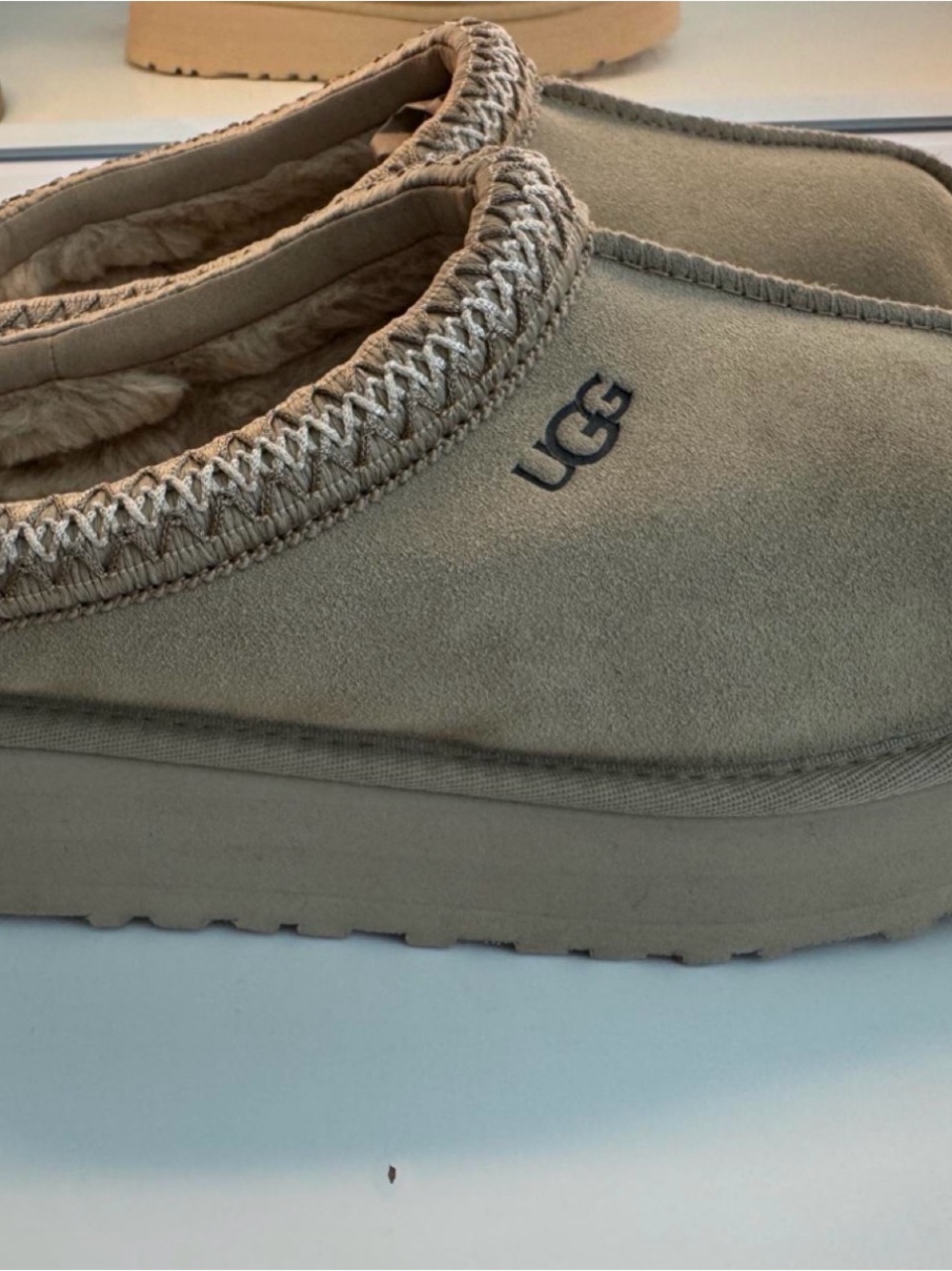 UGG Women's Sand Suede Slip-On Mule with Shearling Trim